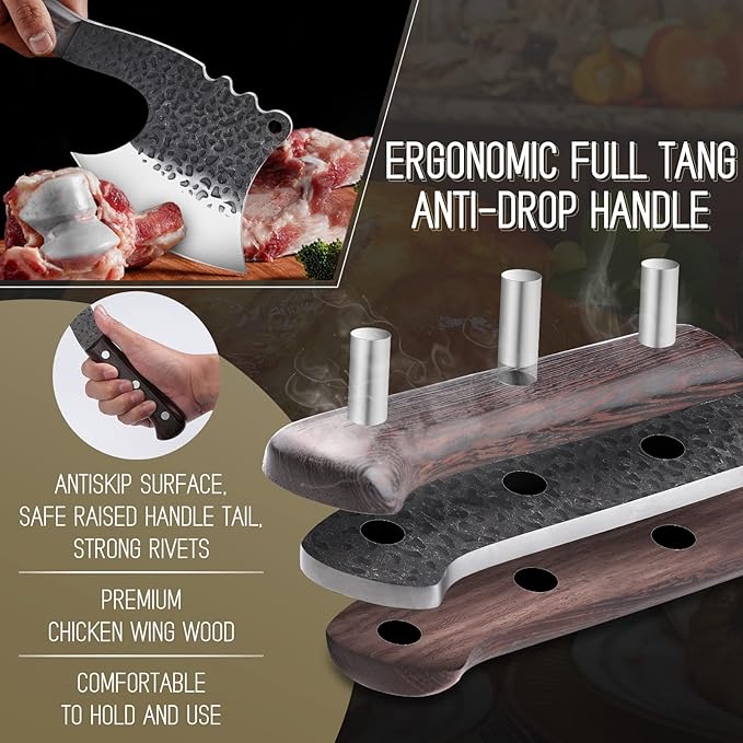 ROCOCO Meat Bone Cleaver Knife for Meat Cutting Handmade Heavy Duty Butcher Axes Hand Forged Full Tang Chopper for Kitchen Outdoor BBQ Chirstmas Mother Father Gifts Idea Men Black
