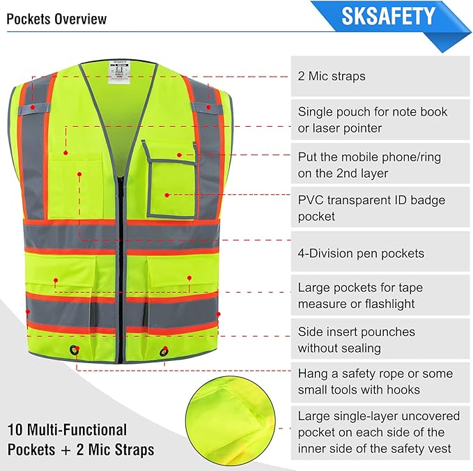 SKSAFETY 10 Pockets Safety Vest, Class 2 High Visibility Security with Zipper, Hi Vis Vest with Reflective Strips, ANSI/ISEA Standard, Construction Work Vest for Men ＆ Women （Lime, M）