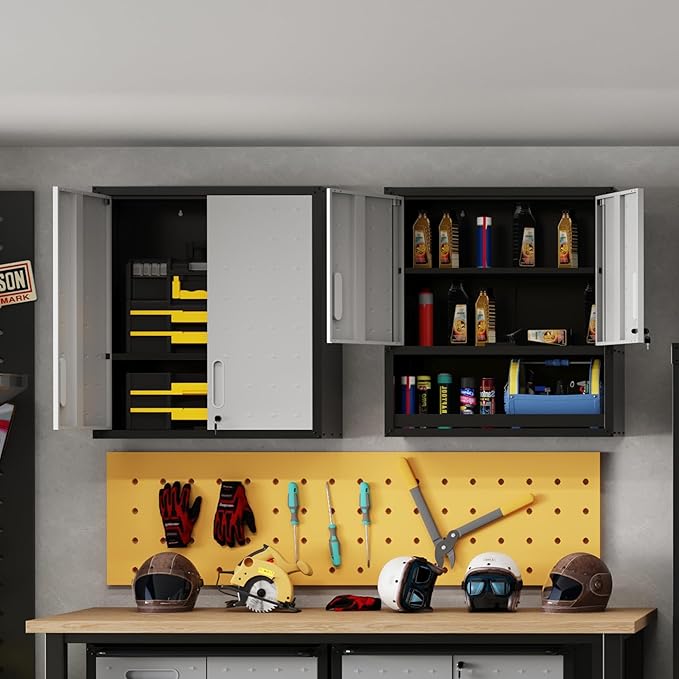 Garage Wall Cabinet Metal Storage Cabinet with Lock Wall Mounted Heavy Duty Steel Tool Cabinet with Doors and Shelf Hanging Cabinets for Garage Warehouse Bathroom Kitchen,Assembly Required