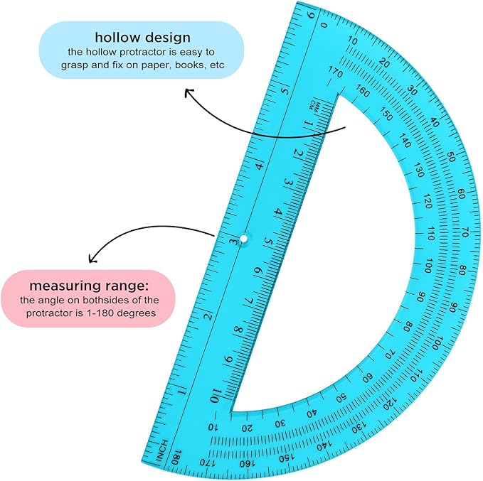 Zonon 2 Pcs 6 Inch Plastic Protractor Math Protractors 180 Degrees Angle Measurement, Translucent for Geometry Classroom Kid Student School Office Supplies(Pink, Blue)