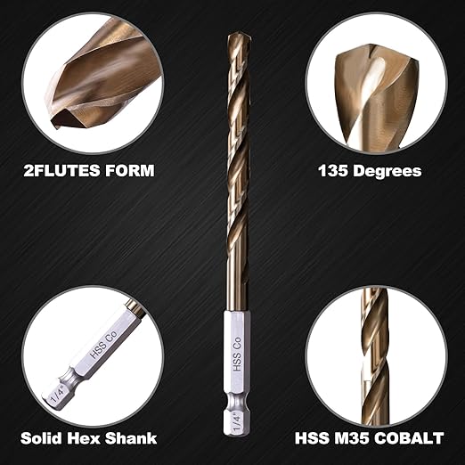 Hex Shank Cobalt Drill Bit Set 16Pcs 1/16"-1/4", M35 HSS Impact Driver Drill Bits for Metal and Hardened Steel, with Indexed Storage Case