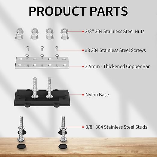 250A Dual Row Bus Bar 12V Power Distribution Block 8 x 3/8" Terminal Stud, 6 x #8 Screw Terminals Positive & Ground Battery Bus Bar