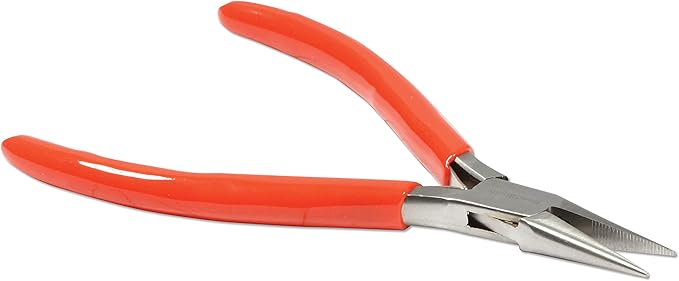 The Beadsmith Slim Line Serrated Chain Nose Pliers, 4.75 inches (120mm) with polished steel head, red PVC comfort grip handle with double-leaf spring, tool for jewelry making