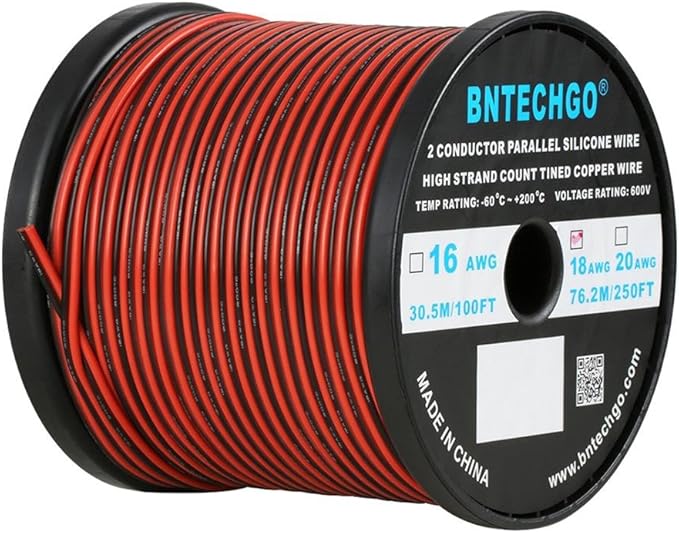 BNTECHGO 18 Gauge Flexible 2 Conductor Parallel Silicone Wire Spool Red Black High Resistant 200 deg C 600V for Single Color LED Strip Extension Cable Cord,Model,250ft Stranded Tinned Copper Wire