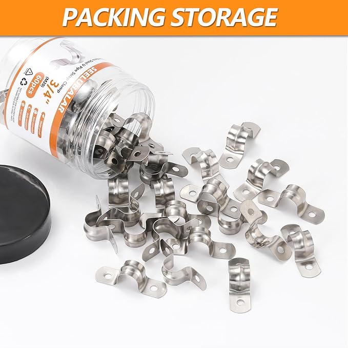 60PCS M20 Stainless Steel Rigid Pipe Strap for 3/4 Inch Hose OD, Rigid Pipe Strap, 2 Holes Cable U Bracket, Tube Strap Tension Clips, U-Tube Clamp