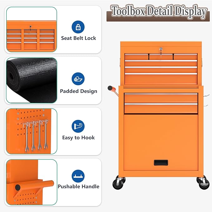 8 Drawer Tools Chest,42.9 inch Tool Cabinet with Universal Lockable Wheels，Organizable Tool Box with Detachable Top Box for Workshop，Orange
