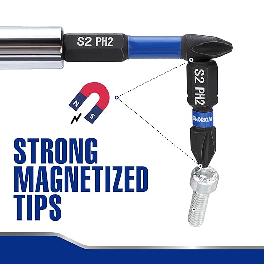 WORKPRO 16pcs PH2 Impact Phillips Screwdriver Bit Set, CNC Machined S2 Steel Tips with Magnetism, 1/4" Hex-Shank Driver Bits, 1"& 2" Long Impact Screwdriving Bits with Storage Box