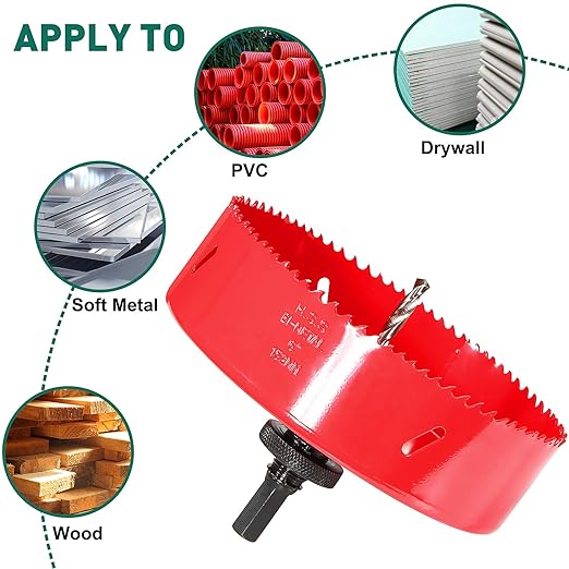 HYCHIKA 6 Inch/152mm Hole Saw,Bi-Metal Cutter Hole Max Cutting Depth 1-1/2inch(40mm) with 1 Arbor,2 Drill Bit for Wood Cutting Cornhole Plastic Drywall Boards Fiberboard