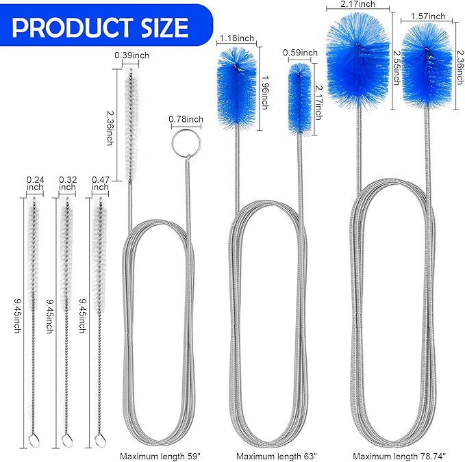 6Pcs Flexible Drain Brush 78 Inch Pipe Cleaning Brush 63 Inch Drain Cleaner Brush 59 Inch Hose Brush and 3 Pcs 9 Inch Straw Cleaner Brush for Straws Kitchen Sink Plumbing and Shower Drain Tube(Blue)