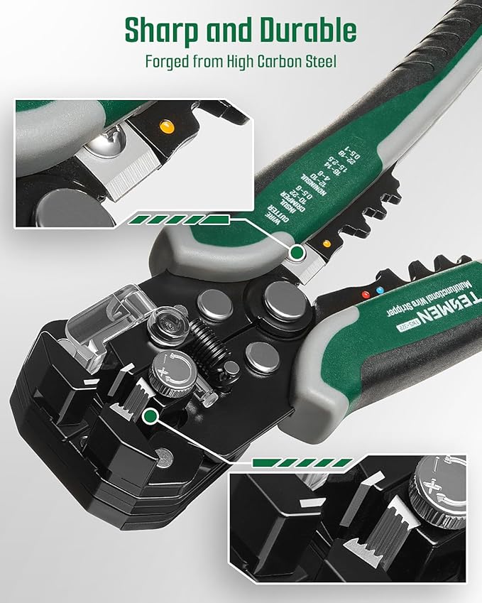 TESMEN TWS-322 Self Adjusting Wire Stripper with Non-Contact Voltage Detection, 4-in-1 Automatic Wire Stripper Tool, Universal Cutters and Crimping Tool, for 10-24 AWG Electrical Cable