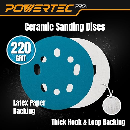POWERTEC PRO 50PK, 5 Inch Sanding Discs Hook and Loop, 220 Grit, Ceramic Orbital Sander Sandpaper for 5 & 8 Hole Random Orbital Sanders - Automotive, Paint, Metal, Woodworking (45322C-50)