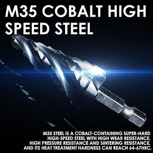 M35 Cobalt Step Drill Bit, Four Spiral Flute Unibit Step Drill Bit (1/4"-3/4") Wear-Resistant TiAlN Coated, 1/4" Hex Shank for Metal, Carbon Steel, Stainless Steel, Wood, Plastic (9 Size)