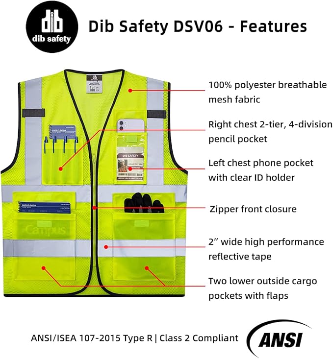 Dib Safety Reflective Vest Mesh, High Visibility Vest with Pockets and Zipper, Construction Work Vest ANSI Class 2, Yellow Mesh M