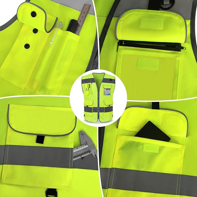 TCCFCCT Reflective Safety Vest 9 Pockets High Visibility Vest for Men Women, Hi Vis Reflective Work Vest for Safety, Meets ANSI/ISEA Standards, (Yellow, XX-Large)