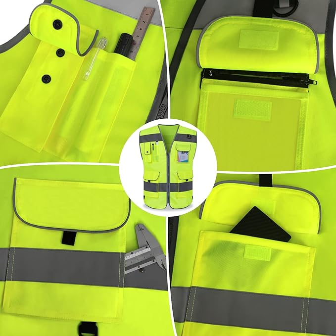 TCCFCCT High Visibility Vest 9 Pockets Hi Vis Reflective Safety Vest for Men Women, Construction Vest with Reflective Strips, Meets ANSI/ISEA Standards, (Yellow, Small)