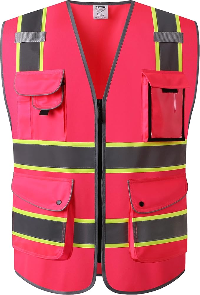 JKSafety 9 Pockets High Visibility Zipper Front Safety Vest | Pink with Dual Tone High Reflective Strips | Meets ANSI/ISEA Standards (901-Pink, Medium)