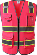 JKSafety 9 Pockets High Visibility Zipper Front Safety Vest | Pink with Dual Tone High Reflective Strips | Meets ANSI/ISEA Standards (901-Pink, 3X-Large)