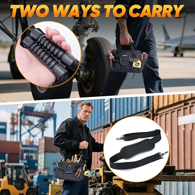 TICONN Heavy Duty Tool Bag with Multi-Pockets, Portable Tool Box Organizer Storage Bag, with Adjustable Shoulder Strap and Ergonomic Handle (Black, 12" Standard Base)