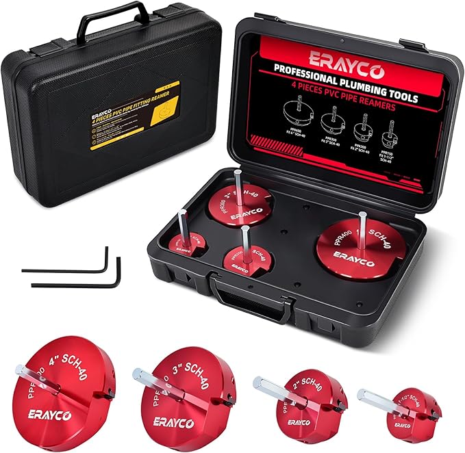 ERAYCO 4PCS PVC Pipe Reamer Kit, Plastic Pipe Fitting Reamer Tool, Fit into Standard 1/2" Drills, PVC Fitting Saver for SCH40 PVC CPVC ABS Pipe (1-1/2'', 2'', 3'', 4'')