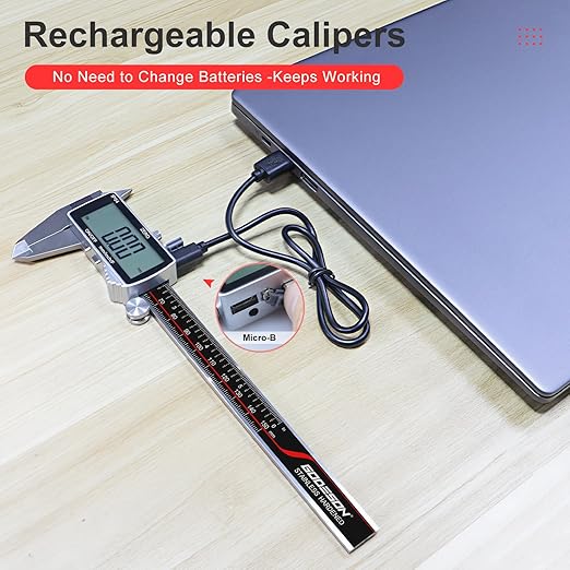 GODESON Digital Caliper,IP54 Caliper Measuring Tool-Stainless Steel & Large LCD Screen, Rechargeable Digital Micrometer display Inch/Metric/Fractions, 6 Inch Digital calipers-Absolute Scale & Auto-Off