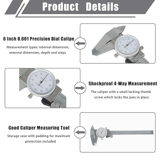 6 Inch 0.001 Precision Dial Caliper Stainless Steel Shockproof 4-Way Measurement with Plastic Case, Good Caliper Measuring Tool