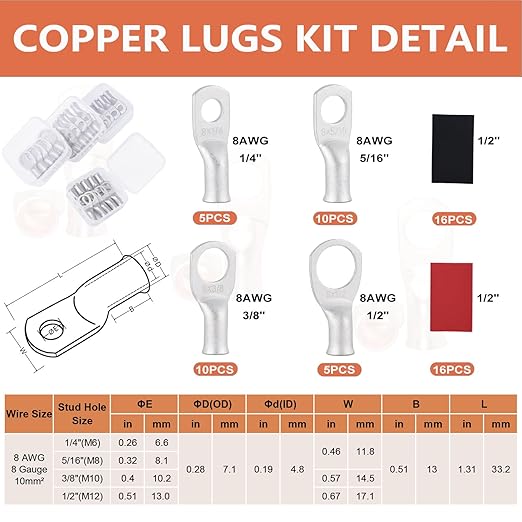 62PCS 8 AWG Tinned Ring Terminal Heat Shrink Tubing Set Copper Wire Lugs 8 Gauge 5/16", 3/8", 1/4", 1/2", 30Pcs Battery Cable Ends and 32PCS Heat Shrink Tubing