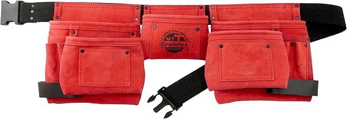 Graintex 11 Pocket Red Color Suede Leather Tool Belt/Tool Bag/Work Apron, 2 Hammer Loops, Adjustable Belt | Construction, Carpenter, Roofing Tools, Drywall, Gardening - DS2439