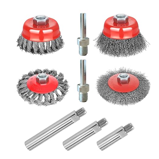 9 Pack Wire Wheel Brush kit with 5/8"-11 Thread Grinder Extension Rod & Drill Adapter,4" & 3" Wheel Cup Wire Brushes(Wire Wheel Set with Grinder Extension Rod & Drill Adapter)