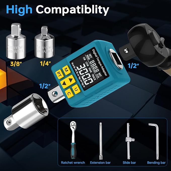 Heavy-duty Digital Torque Adapter, (±1% Accuracy, 40-300Ft-lb), 1/2" Digital Torque Wrench Adapter for Auto, Versatile Meter - Alert | Peak/Track | Preset | Store/Delete, for Machinery Repairs(406N.m)