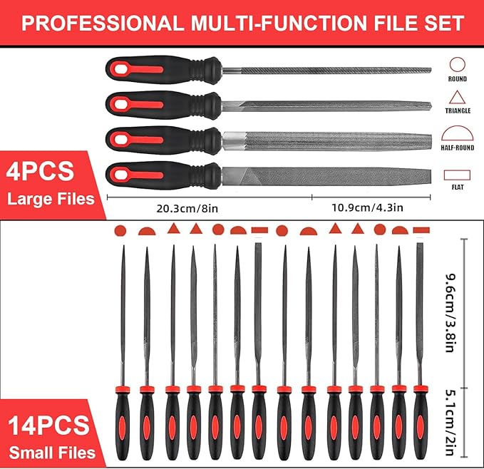 NORTOOLS 19 PCS Metal File Set, T12 Metal Files for Steel,Flat/Round/Triangle/Half-Round Hand Set with Needle File & Steel Brush for Metals, Metalworking & Woodworking