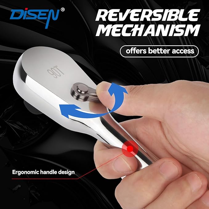 DISEN 1/2" Drive Ratchet,90-Tooth Ratchet Wrench with 14" Handle and Dust Proof Teardrop Enclosed Head, Reversible, CR-V Steel Made, CR-MO Head, Full Polished, Gifts for Men