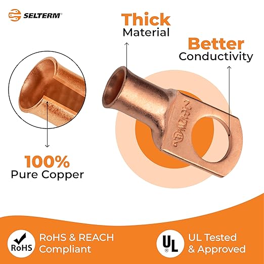 SELTERM 25pcs 2 AWG 1/2" Stud Battery Lugs, Ring Terminals, Heavy Duty Copper Wire Lugs, Battery Cable Ends, 2 Gauge Ring Terminal Connectors, UL Bare Copper Eyelets Electrical Battery Cable Lugs