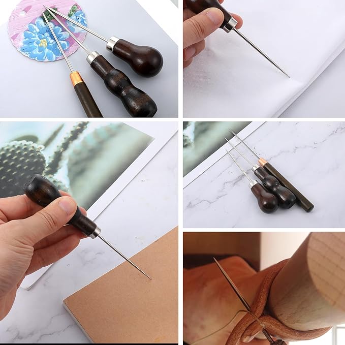 BOHUIZ 3 Pack Scratch Awl Tool with Wooden Handle, Gourd Shape Pin Punching for Leather Awl Punch Tool for Hole Craft Shoes Repair Sewing Leather Punch Stitching Crochet DIY Handmade
