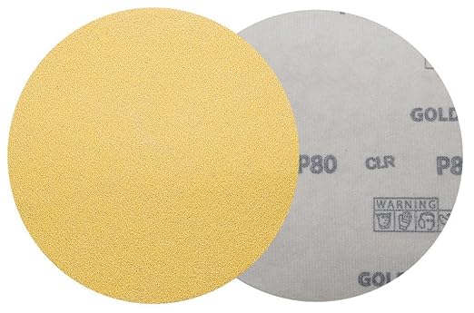 Benchmark Abrasives 5 Inch Sanding Discs Hook and Loop, Aluminum Oxide Stearated Gold No Holes Adhesive Sandpaper for Surface Blending, Automotive - Orbital Sander Sandpaper (50 Discs), 220 Grit