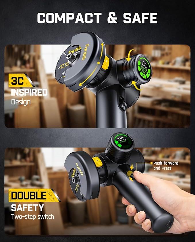Fanttik M10 ACE Cordless Angle Grinder Brushless, 3 Inch Compact Cut Off Tool with LED Display, 3 Variable Modes, Double Security, Type-C Fast Charging, 10000RPM Mini Cutter with 4 Blades