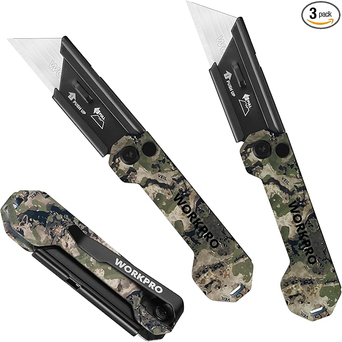 WORKPRO 3-Pack Camo Folding Utility Knife Set, Pocket Knife with Quick Open Axis Lock, Compact EDC Box Cutter with Belt Clip for Cardboard, Plastic, Leather