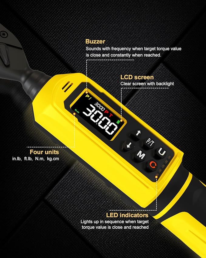 1/4" Digital Torque Wrench (4-265.6 in.lbs) w/Color Screen, 5 Units, ±2% Accuracy, Buzzer/Vibration/LED, Inch Pound Torque Wrench Set Includes Extension & 1/4 to 3/8 Adapter for Bike, Motor, DIY