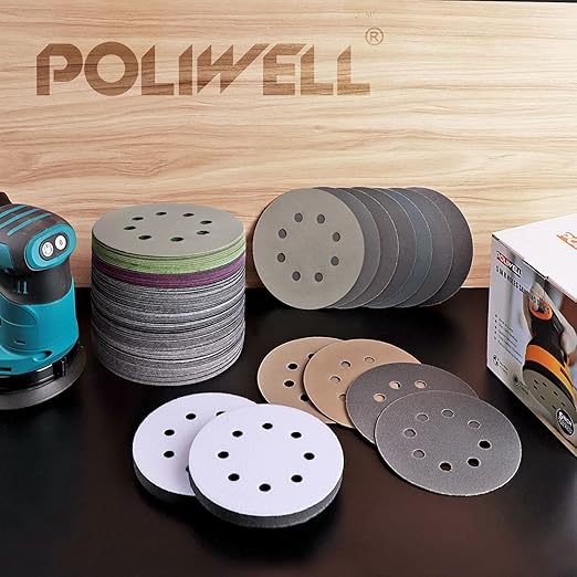 POLIWELL 5 Inch Sanding Discs Hook and Loop 8 Hole Heavy Duty Silicon Carbide Sandpaper 320 400 600 800 1000 1500 2000 3000 4000 5000 7000 10000 with Interface Pad for Random Orbital Sander,120 Pack