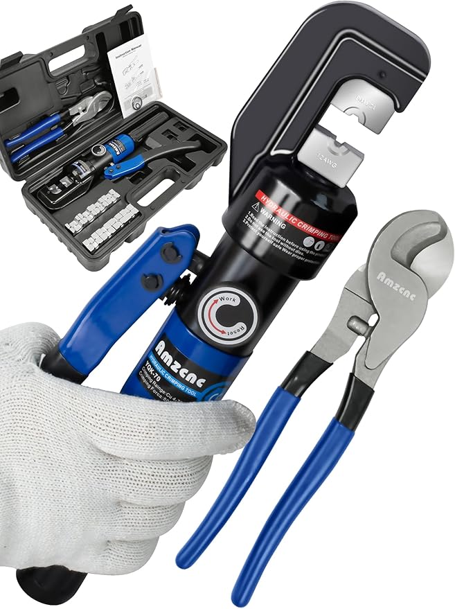 AMZCNC Hydraulic Crimping Tool and Cable Cutter Hydraulic Cable Lug Crimper 8 US TON 12 AWG to 00 (2/0) Electrical Terminal Cable Wire Tool Kit with 9 Die