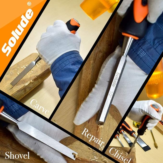 SOLUDE 11Pcs Wood Carving Chisel Set,Heated Treated Cr-V Woodworking Chisels Tool Kit with Sharpening Stone,Honing Guide,Carpenter Pencils