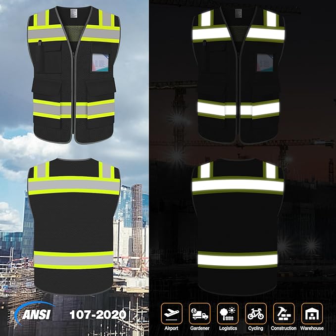 TCCFCCT High Visibility Vest 5 Pockets Mesh Reflective Safety Vest for Men Women, Hi Vis Work Vest with Reinforced Zipper and Fluorescent Orange Edge, Durable to Use, Meets ANSI/ISEA, DW-Black, 2XL
