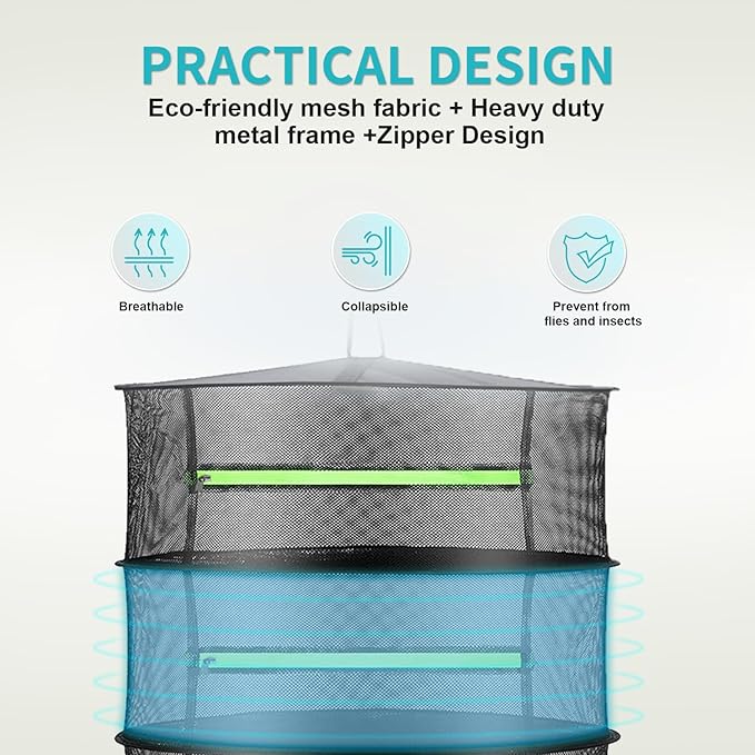 Layer 2ft Herb Drying Rack Hanging Mesh Net with Green Zippers,Bonus Hook Drying Rack Herbs for Plant Bud Seed,Herb Dry Net for Garden(6 Layer, Zipper Type)