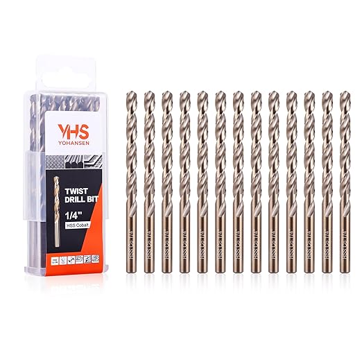 1/4 Inch Cobalt Drill Bits (13pcs), M35 High Speed Steel, 135 Degree Tip, Jobber Length Twist Drill Bit Set for Hard Metal, Stainless Steel, Cast Iron, Wood and Plastic, with Storage Case