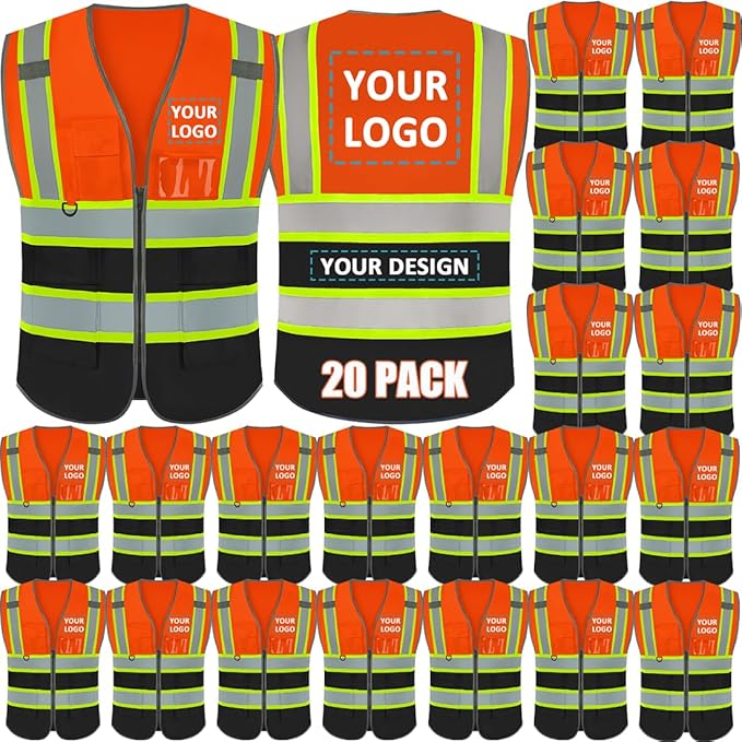 BeautyWill Custom Logo 10/20 Pack Safety Vest Class2 High Visibility Vest with Pockets Breathable Construction Vest Bulk