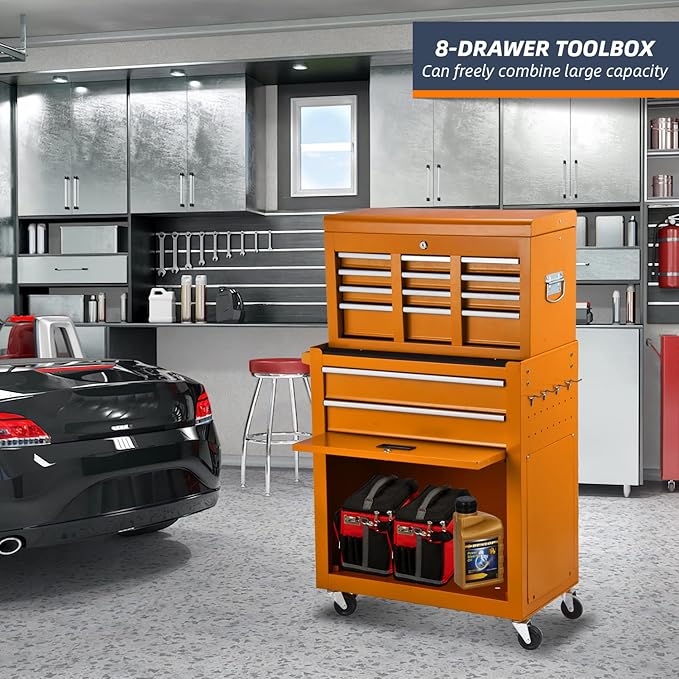 8-Drawer High Capacity Rolling Tool Chest - Big Storage Removable Tool Box w/ Lockable Drawers for Workshop & Garage (Orange)