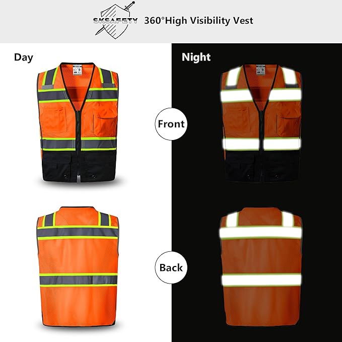 SKSAFETY 10 Pockets Professional level Safety Vest, Class 2 High Visibility Security Vest with Zipper, Hi Vis Vest with Reflective Strips, ANSI/ISEA Standard, Construction Work Vest（Orange Black, 4XL）