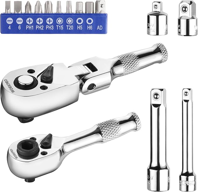 WORKPRO Flex Head Stubby Ratchet & Bit Driver Set 16 PCS, 1/4", 3/8" Drive Ratchet Handle Wrench, 72-T Quick-Release Reversible Socket Wrench, 2 Socket Adapters, 2 Extension Bars, 10 PCS 1/4" Hex Bits