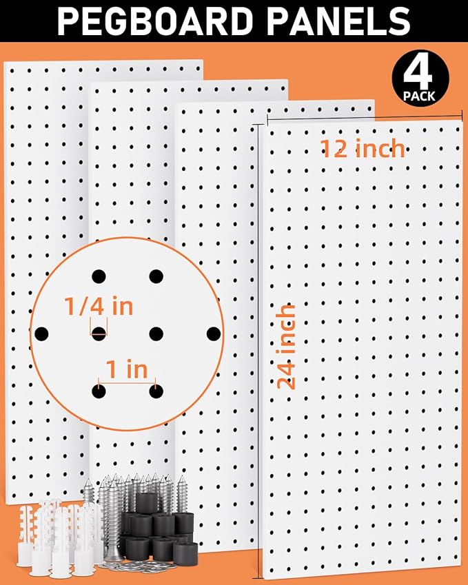 INCLY 158PCS Metal Pegboard Wall Organizer, 48x24 Inch White Pegboard Panels Tool Organizer Kit with Accessories Hooks and Bins, Peg Board Utility Tool Storage for Garage Workbench Shed