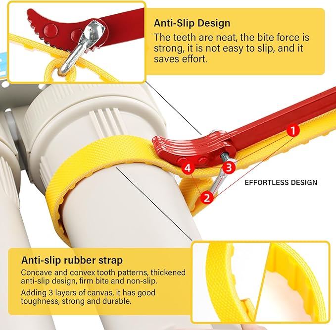 Strap Wrench 12 Inches, Water Filter Wrench Steel Handle Adjustable Strap Wrench for Replacing Water Filter, PVC Pipe Joints, Oil Filter, Swimming Pool Connection (Red Handle, Yellow Strap)