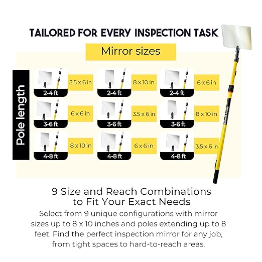 Telescoping Inspection Mirror - Standard Fiberglass, Lightweight & Durable, 3 ft - 6 ft Pole, 8 x 10 inch Acrylic Mirror